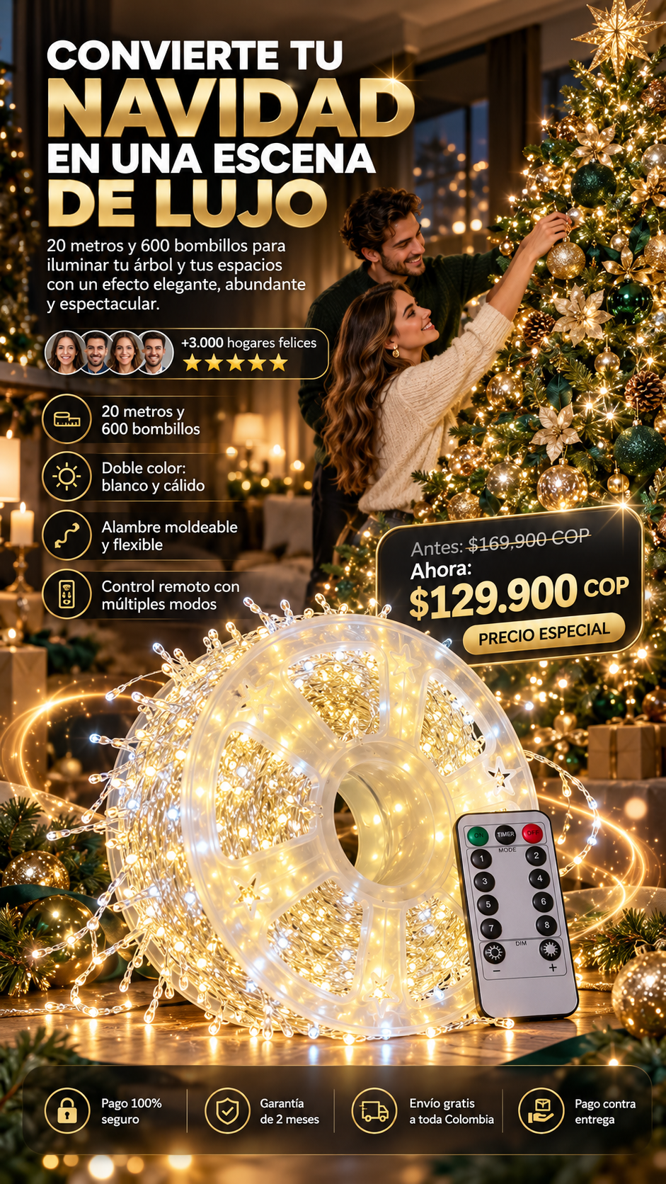 Luces de navidad tipo Hada 🧚🏻✨ - 20 Metros 600 Bombillos + Control Remoto